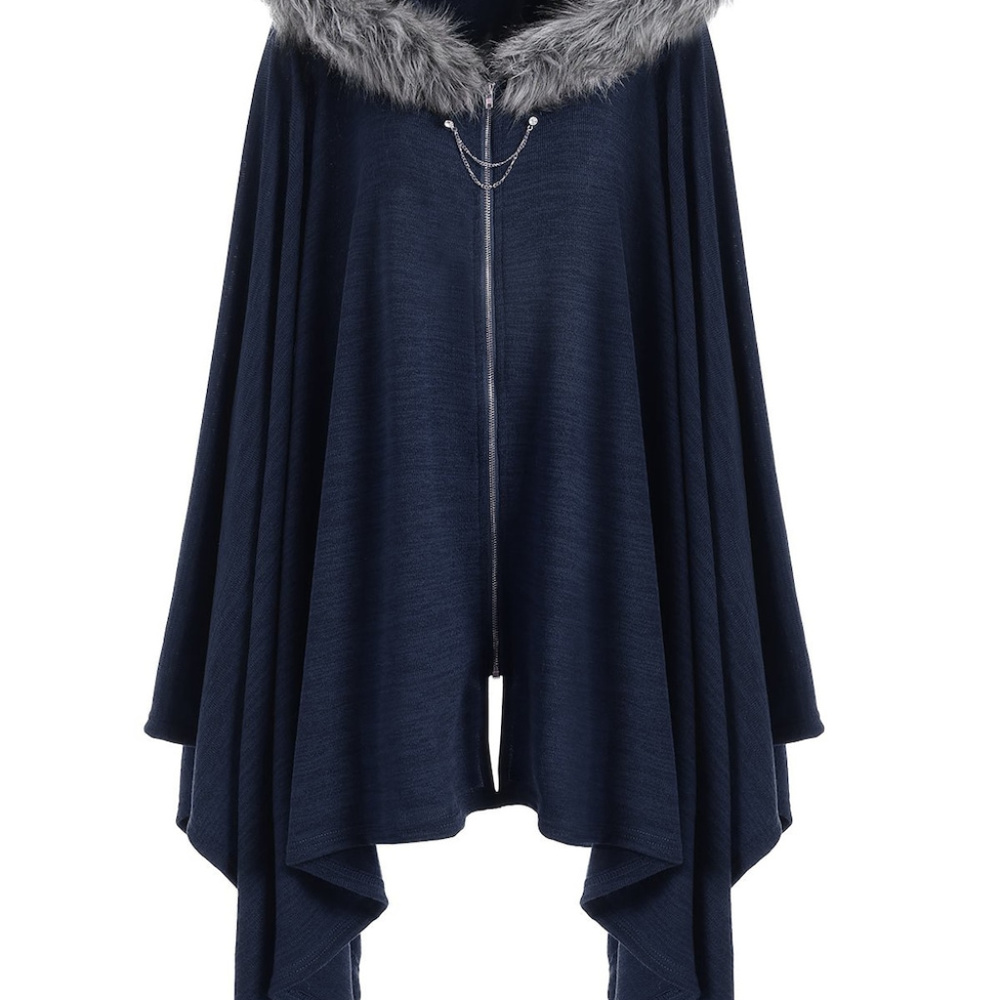 Navy Blue Fur Hooded Cape Poncho Winter Style L - Picture 3 of 8